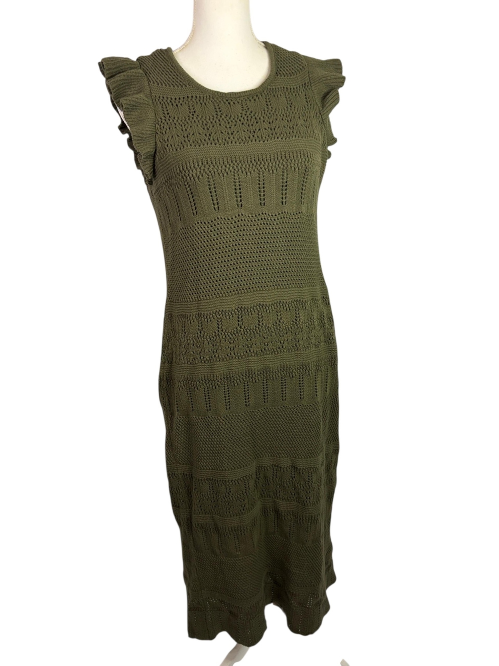 Liz Claiborne Olive Green Knit Midi Dress with Ruffle Sleeves